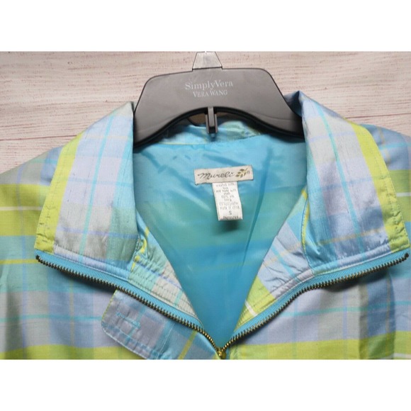 MURELI Sz S Small 100% Silk Aqua Blue Green Plaid Lined Jacket w/ Tags - Picture 2 of 15